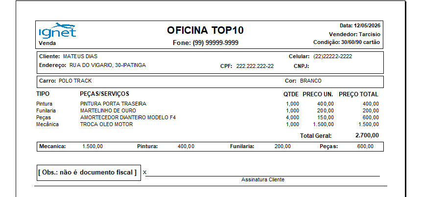 Ignet-Oficina — Impressão do comprovante e orçamento para o cliente